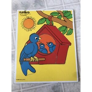 Vintage Playskool Wooden Puzzle Bluebirds 6-Pieces Birds in Birdhouse EUC 186-06